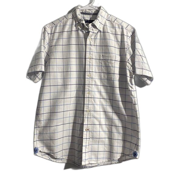 Cremieux Classic Short Sleeve Button Down 100% Cotton White Plaid Size Medium - Picture 1 of 5